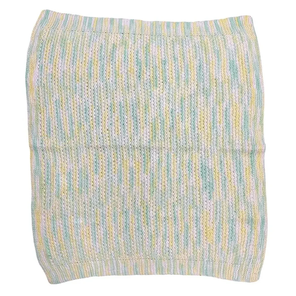 Vintage 1970s Hand Knit Baby Blanket Pastel Yellow Green Stripe 32x34